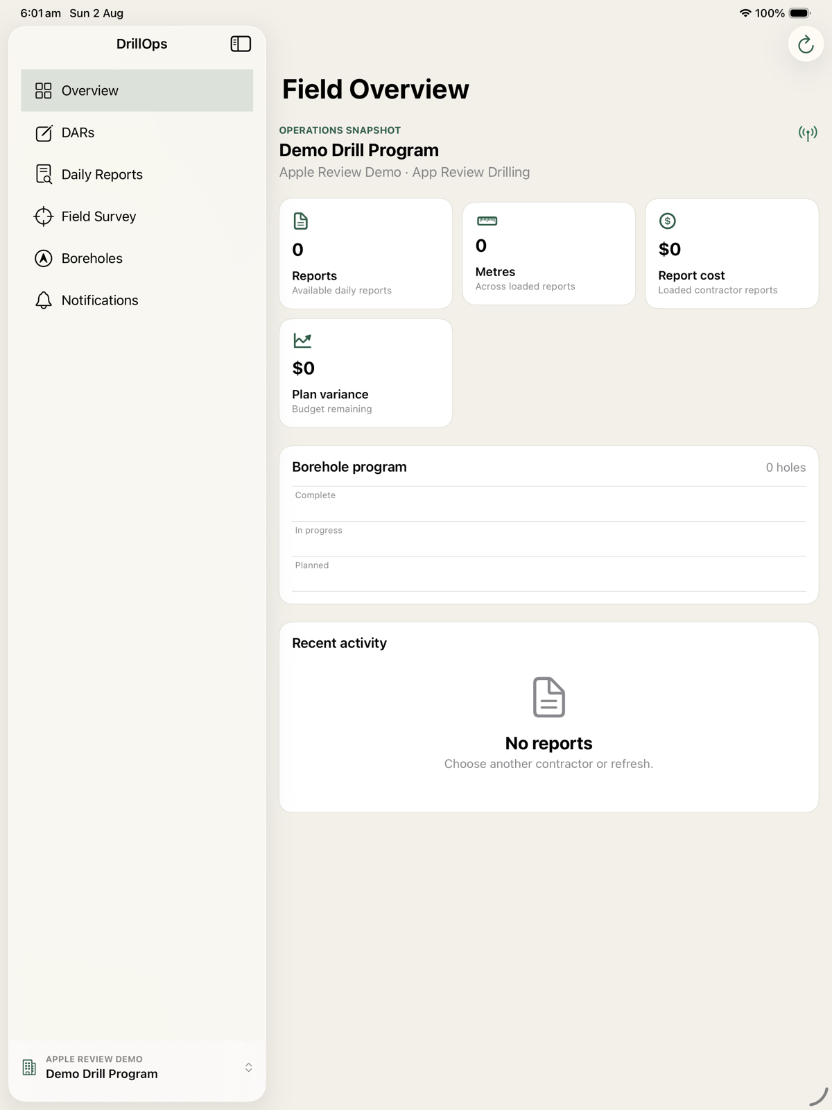 Latest DrillOps field overview on iPad