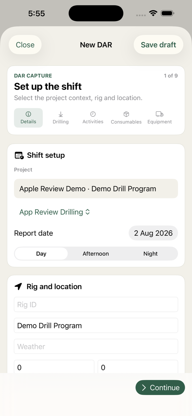 Latest DrillOps Daily Activity Report workflow on iPhone
