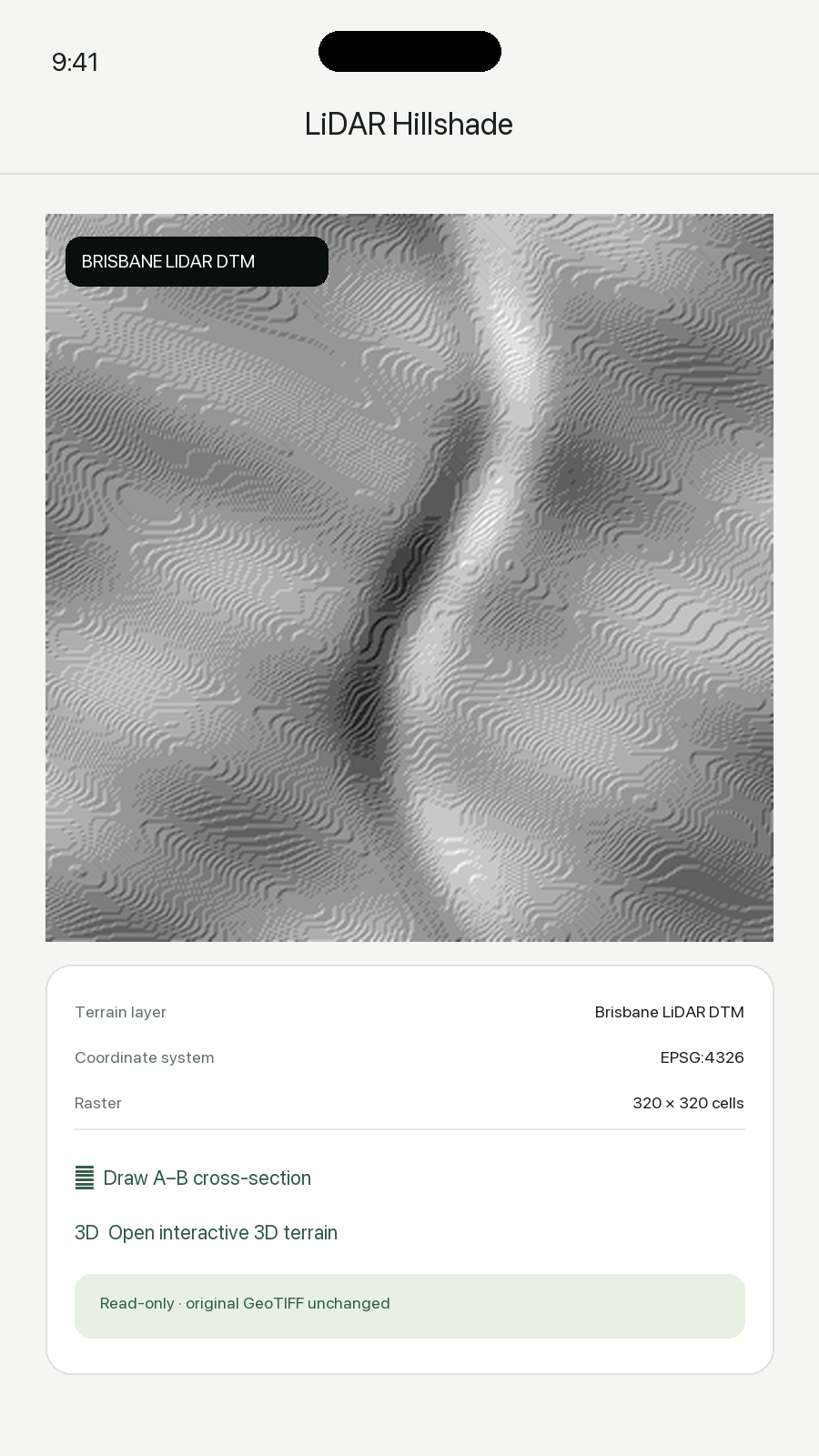 FieldOps LiDAR DTM hillshade screen