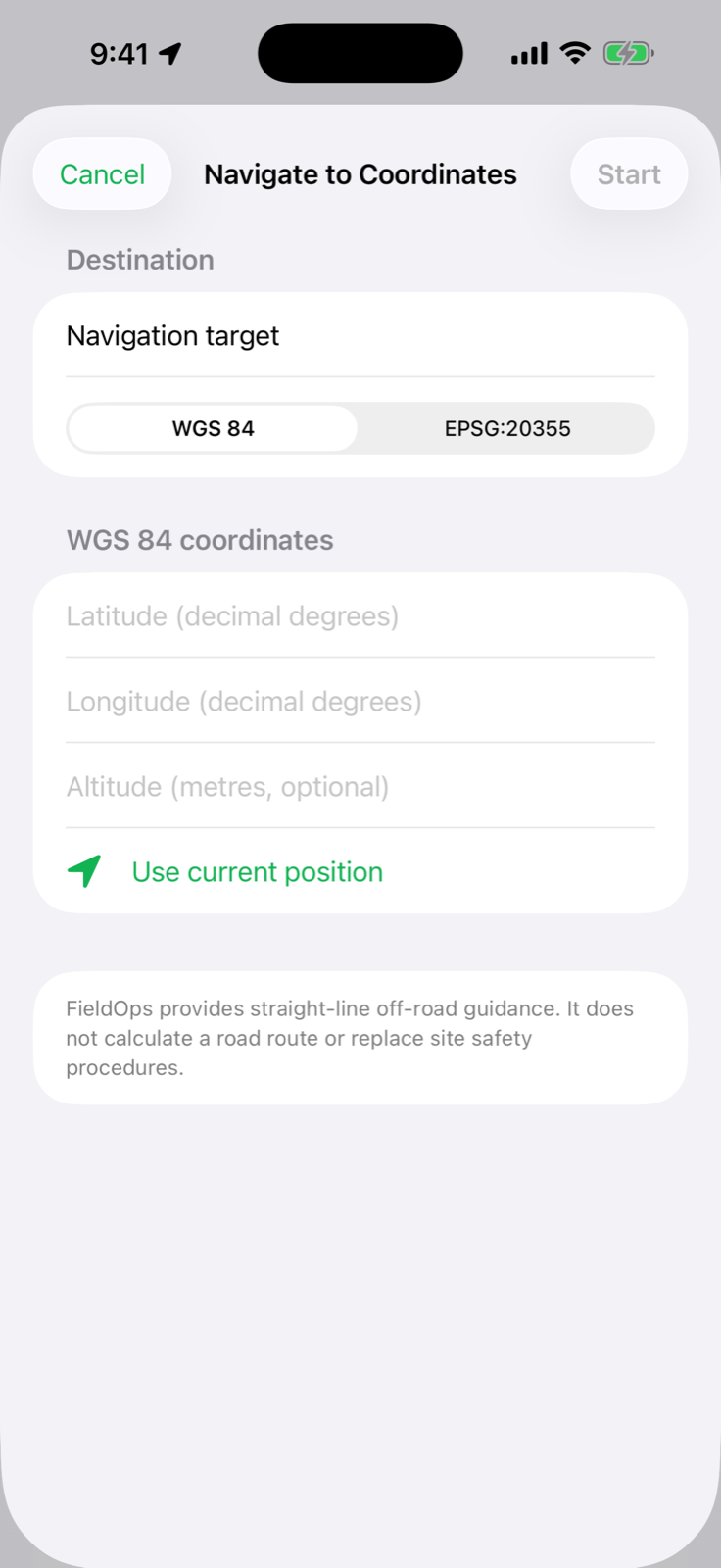 Current FieldOps coordinate navigation entry screen