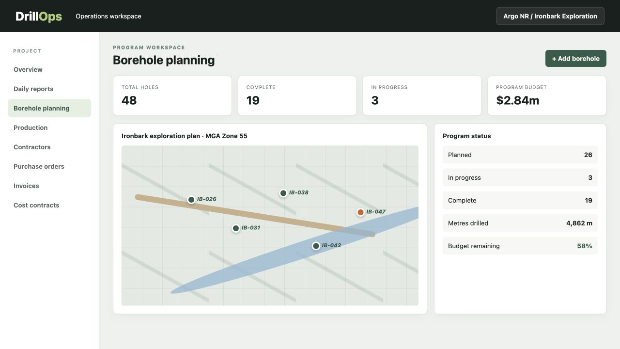 Current DrillOps web portal showing borehole planning